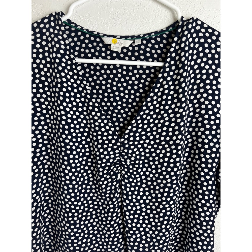 Boden Navy Polka Dot V-Neck‎ Blouse Size 12 Short Sleeve Business Casual - Picture 6 of 11